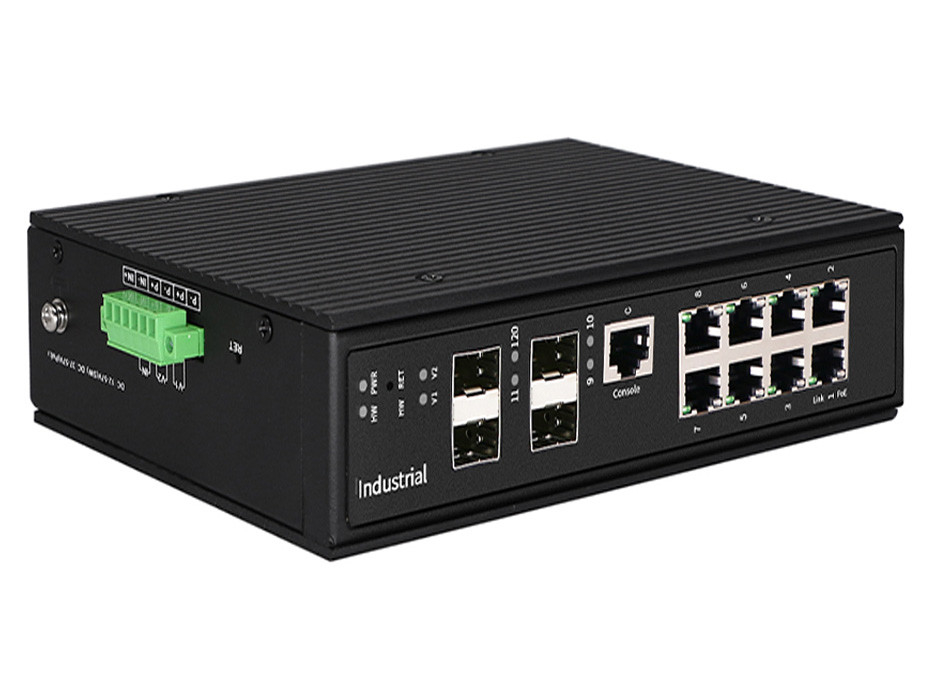 محول POE الصناعي المُدار 8GE POE منافذ إيثرنت + 4 منافذ GIGA SFP